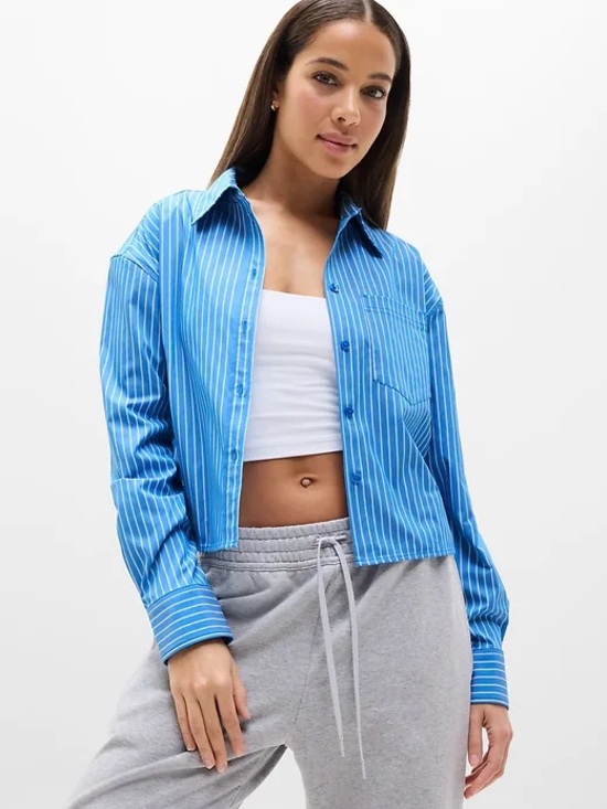 Athleta Tops - Athleta Blue Striped Cropped Button-Down Shirt